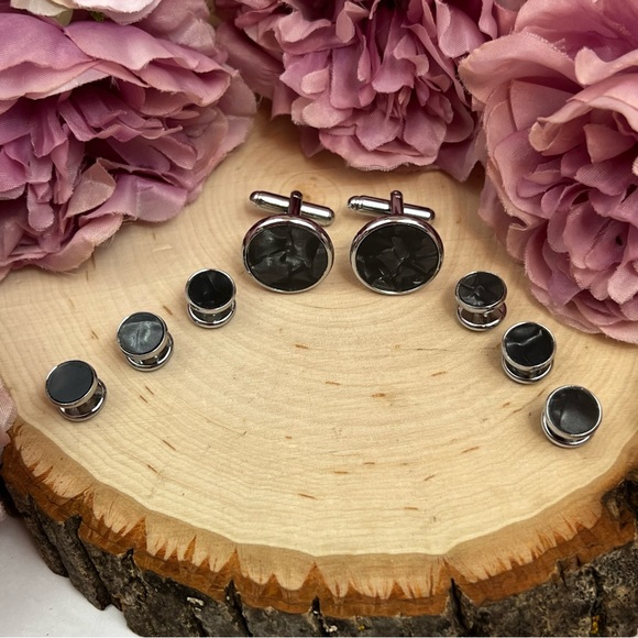 Black Mother of Pearl Cufflinks Tuxedo Studs Formal 8 Pcs Set - Picture 5 of 16